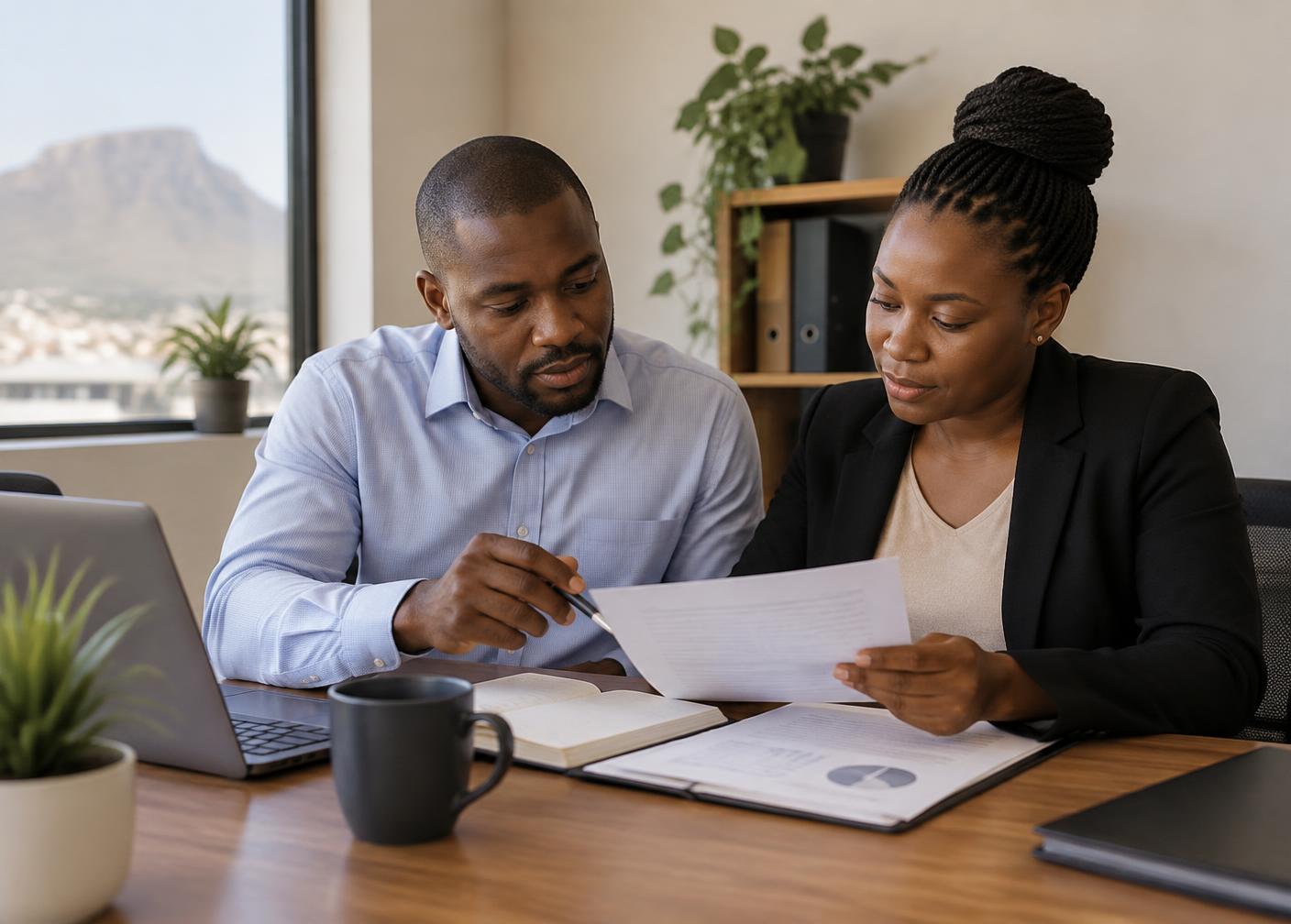 Two colleagues reviewing loan paperwork together at a desk
